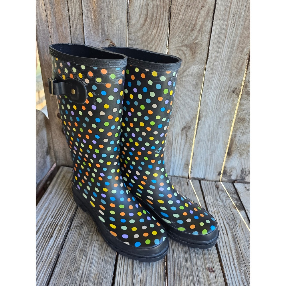 Blue Mountain Womens Black Multi Color Polka Dot Rubber Rain Boots Size 6 BM230